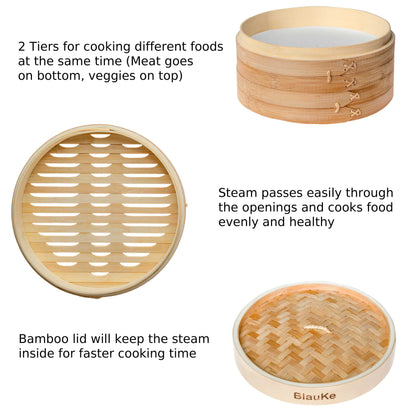 2-Tier Bamboo Steamer for Cooking